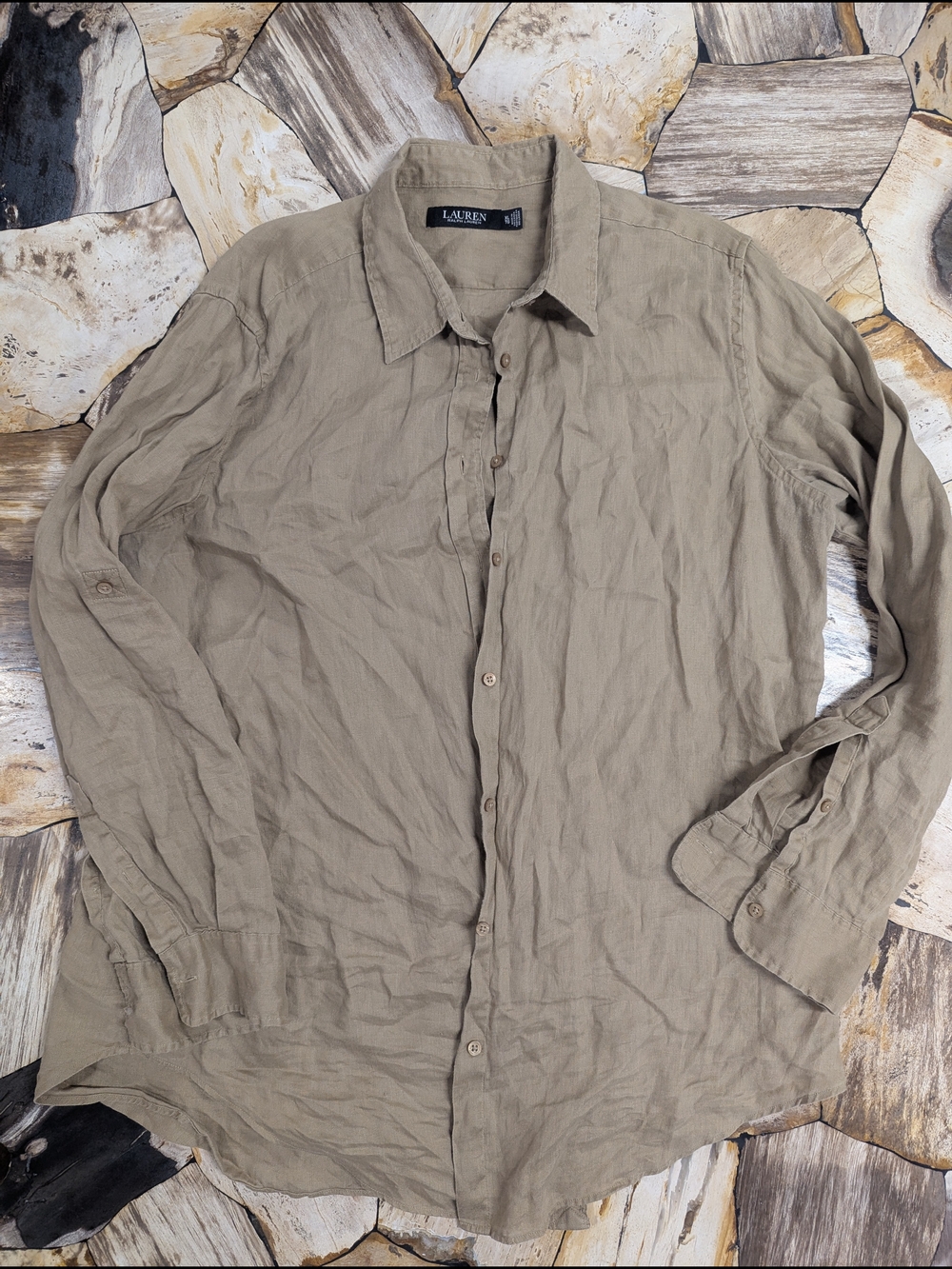 Lauren By Ralph Lauren Olive-Tan Button-Up Shirt, Linen